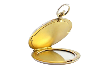 Caixas de toillette em prata em forma de relogio de bolsa com relevos espelho pom pom de pó e argola de suspensão